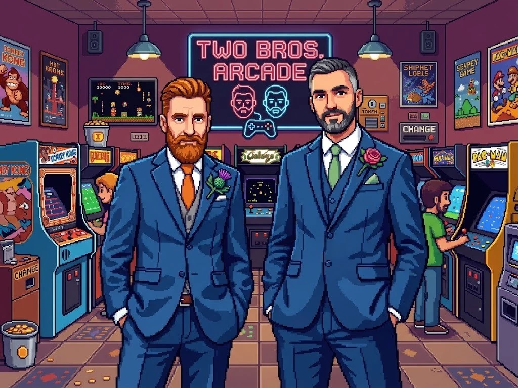 Pixel art of the two bros in blue suits standing in a retro arcade under a neon Two Bros. Arcade sign.